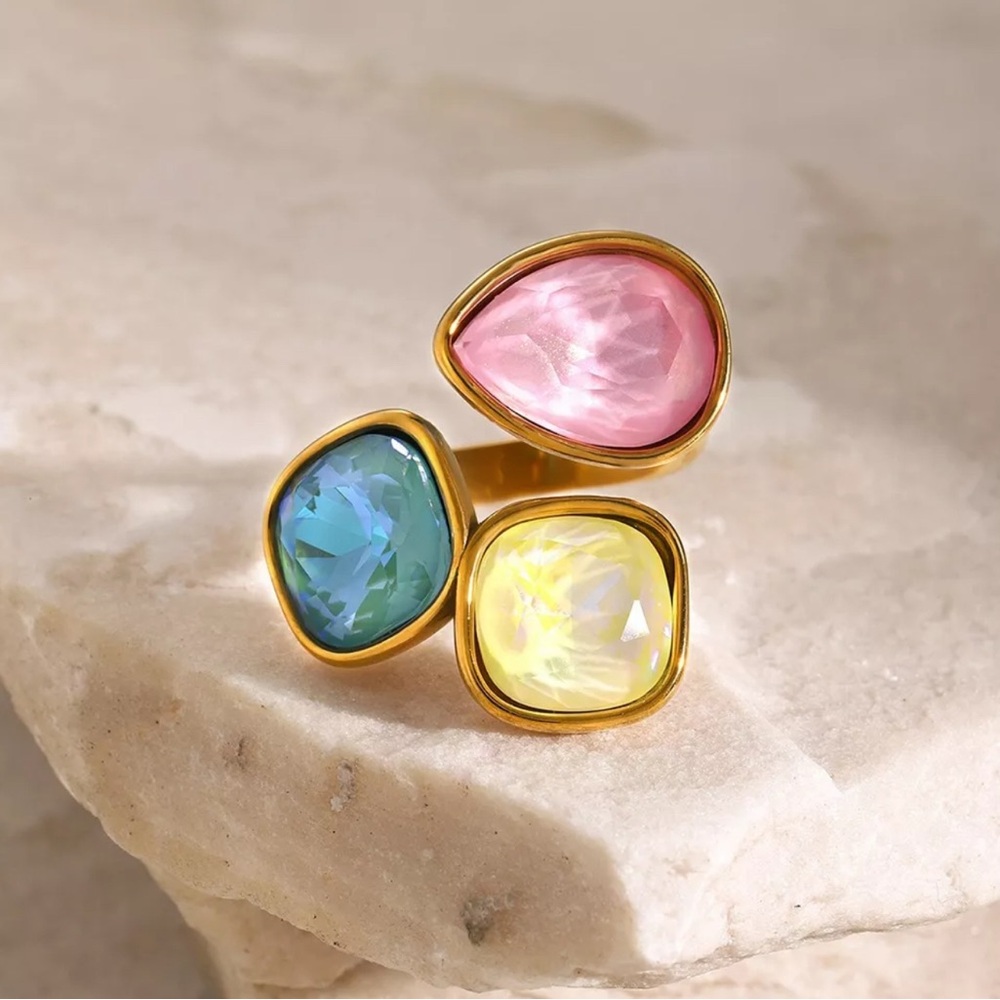 Gold Ring with Pink, Blue, and Yellow Stones